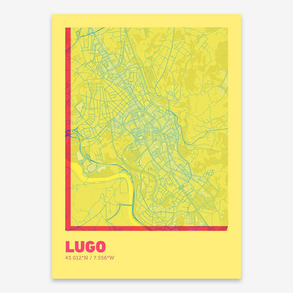 The map of Lugo composed with letters in extra light font printed on yellow and fuchsia