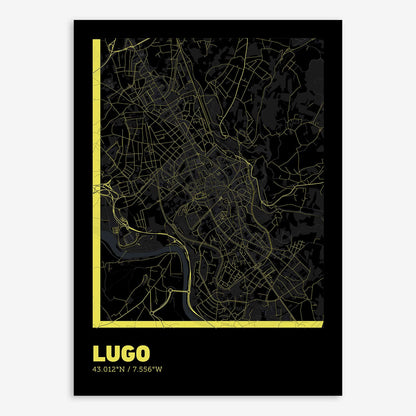 The map of Lugo composed with letters in extra light font printed on black and yellow