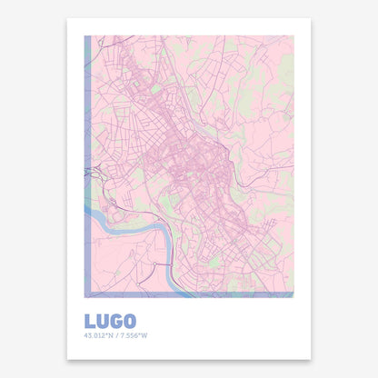 The map of Lugo composed with letters in extra light font printed on pink and light blue