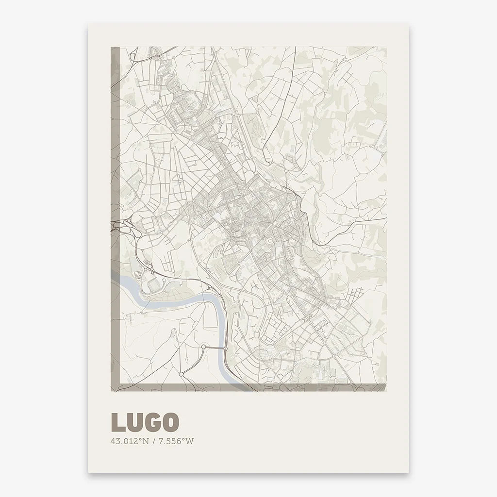 Poster of Lugo composed with letters in extra light font printed on light brown and an off-white background