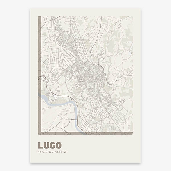 Poster of Lugo composed with letters in extra light font printed on light brown and an off-white background