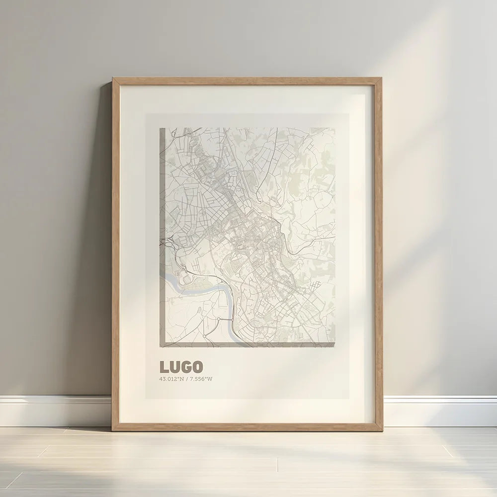 Framed Lugo in Ultralight design, a minimalist aesthetic combining urban cartography with modern, extra-thin elegant lettering designed in light brown and an off-white background with a white margin border in a warm lit minimalist setting