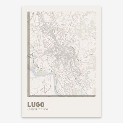 The map of Lugo composed with letters in extra light font printed on light brown and an off-white background