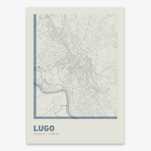Poster of Lugo composed with letters in extra light font printed on bluish gray and an off-white background