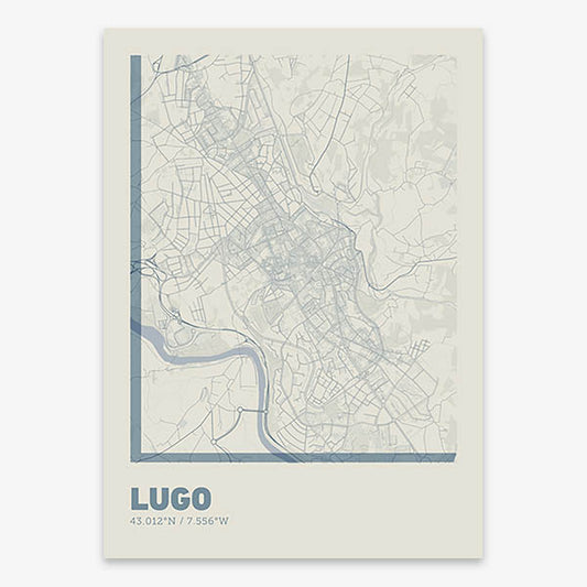 Poster of Lugo composed with letters in extra light font printed on bluish gray and an off-white background