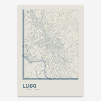 The map of Lugo composed with letters in extra light font printed on bluish gray and an off-white background