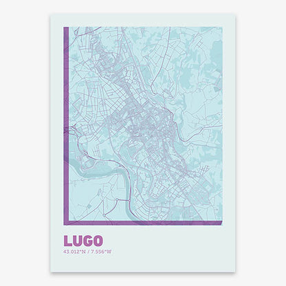 Poster of Lugo composed with letters in extra light font printed on purple and light blue
