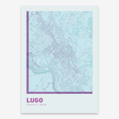 The map of Lugo composed with letters in extra light font printed on purple and light blue