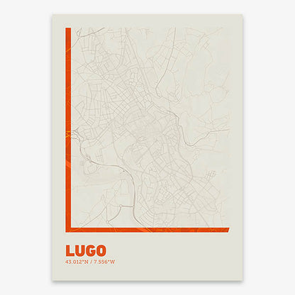 Poster of Lugo composed with letters in extra light font printed on orange and an off-white background