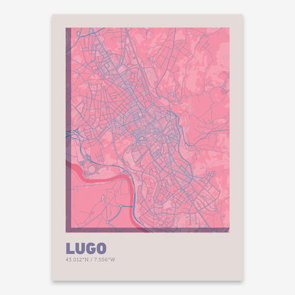 The map of Lugo composed with letters in extra light font printed on violet y pink background
