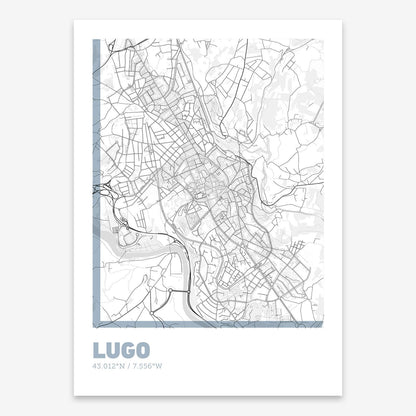 The map of Lugo composed with letters in extra light font printed on black and white