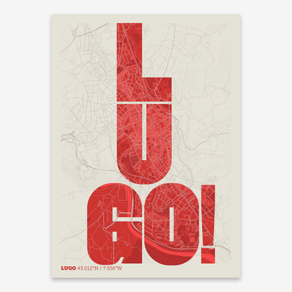 The map of Lugo with letters of its name placed randomly, designed in red and an off-white background