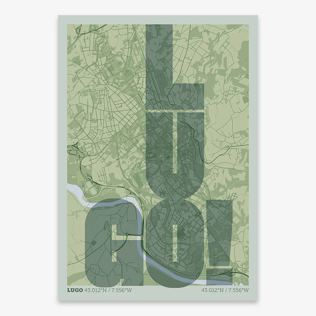 Decorative print of Lugo with letters of its name placed randomly, designed in two green tones