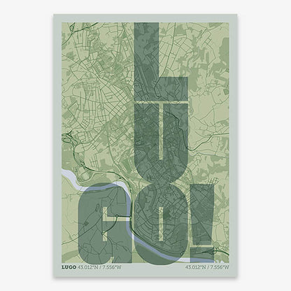 Decorative print of Lugo with letters of its name placed randomly, designed in two green tones