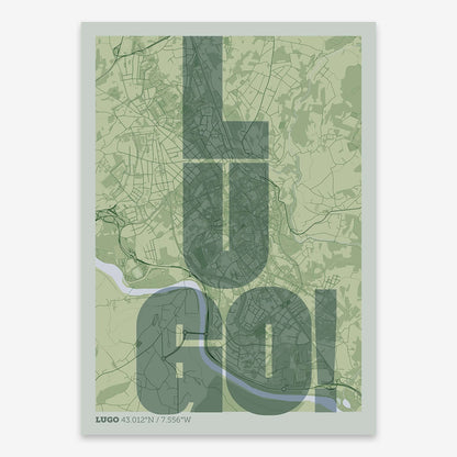 The map of Lugo with letters of its name placed randomly, designed in two green tones