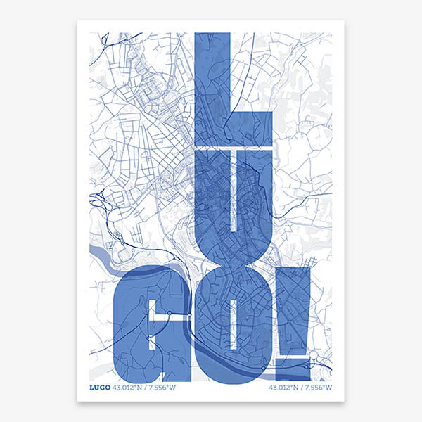 Decorative print of Lugo with letters of its name placed randomly, designed in navy blue and white