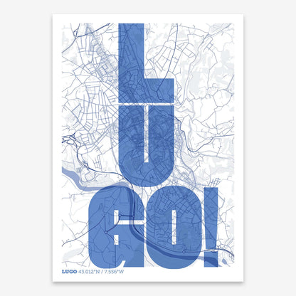 The map of Lugo with letters of its name placed randomly, designed in navy blue and white