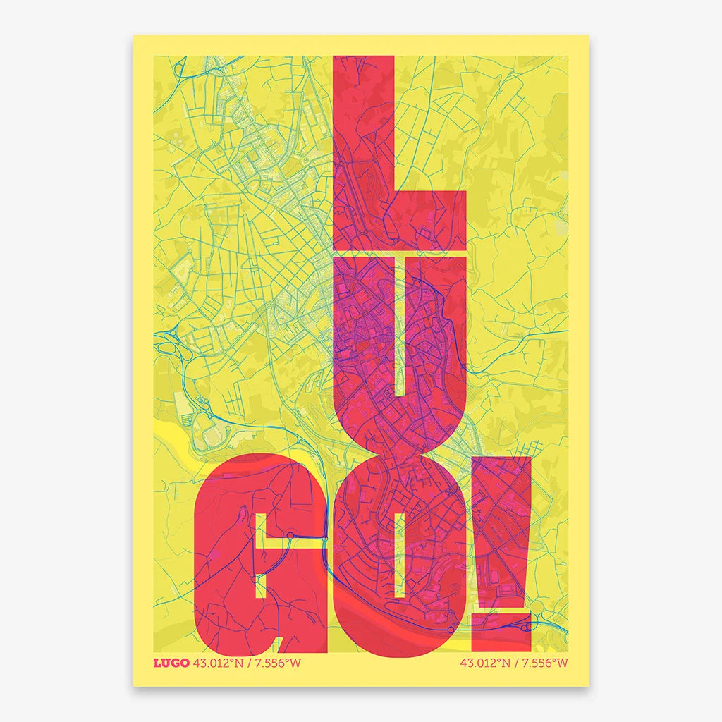 Decorative print of Lugo with letters of its name placed randomly, designed in yellow and fuchsia