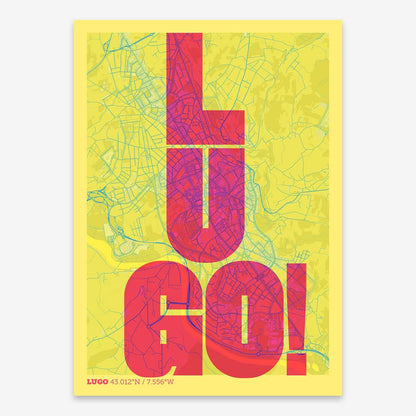 The map of Lugo with letters of its name placed randomly, designed in yellow and fuchsia