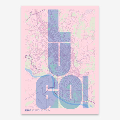 The map of Lugo with letters of its name placed randomly, designed in pink and light blue