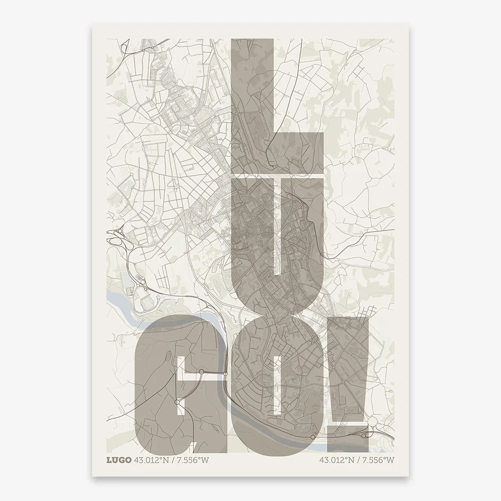 Decorative print of Lugo with letters of its name placed randomly, designed in light brown and an off-white background