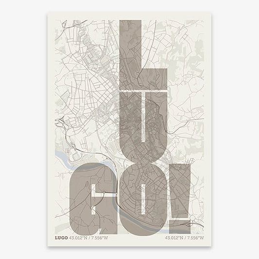 Decorative print of Lugo with letters of its name placed randomly, designed in light brown and an off-white background