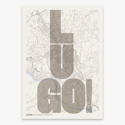 The map of Lugo with letters of its name placed randomly, designed in light brown and an off-white background