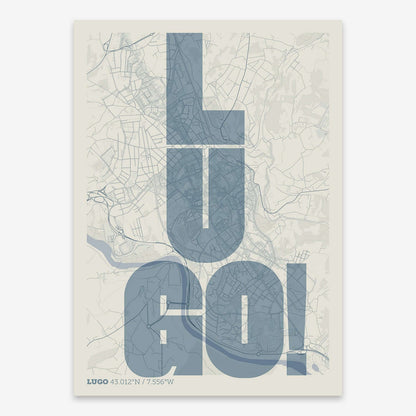 The map of Lugo with letters of its name placed randomly, designed in bluish gray and an off-white background