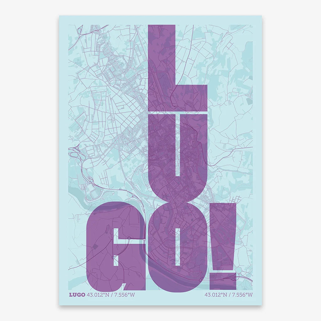 Decorative print of Lugo with letters of its name placed randomly, designed in purple and light blue