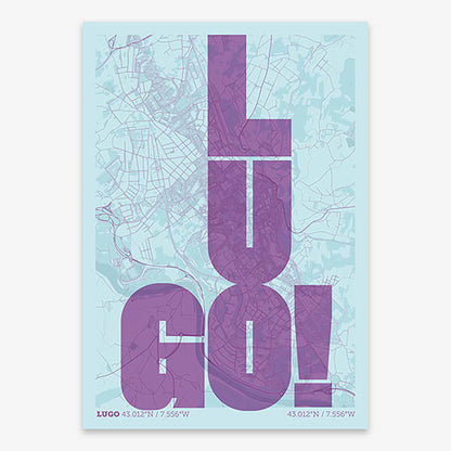 Decorative print of Lugo with letters of its name placed randomly, designed in purple and light blue