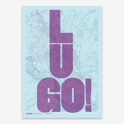 The map of Lugo with letters of its name placed randomly, designed in purple and light blue