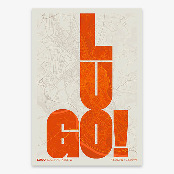 Decorative print of Lugo with letters of its name placed randomly, designed in orange and an off-white background