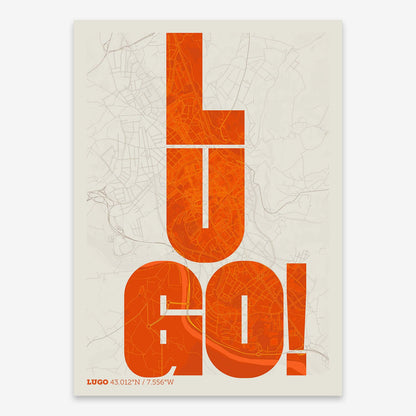 The map of Lugo with letters of its name placed randomly, designed in orange and an off-white background