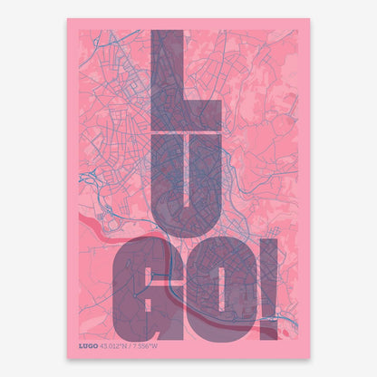 The map of Lugo with letters of its name placed randomly, designed in violet y pink background