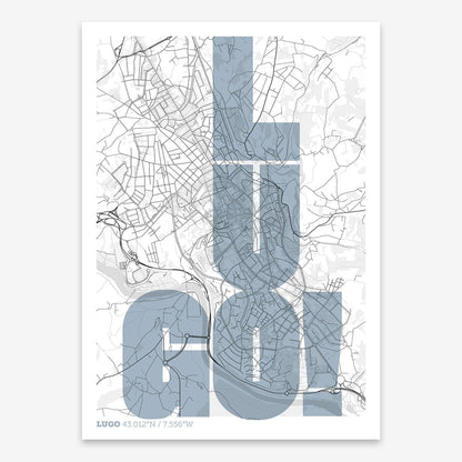 The map of Lugo with letters of its name placed randomly, designed in black and white