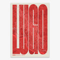 Decorative map of Lugo and letters of its name in a giclée print designed in red and an off-white background