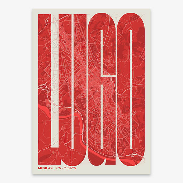 Decorative map of Lugo and letters of its name in a giclée print designed in red and an off-white background
