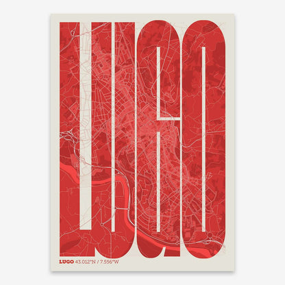 The map of Lugo and letters of its name in a giclée print designed in red and an off-white background