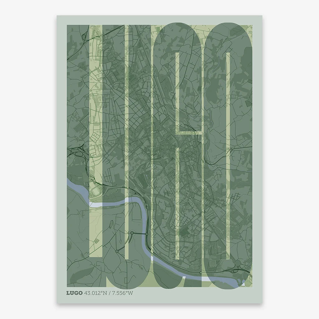Decorative map of Lugo and letters of its name in a giclée print designed in two green tones