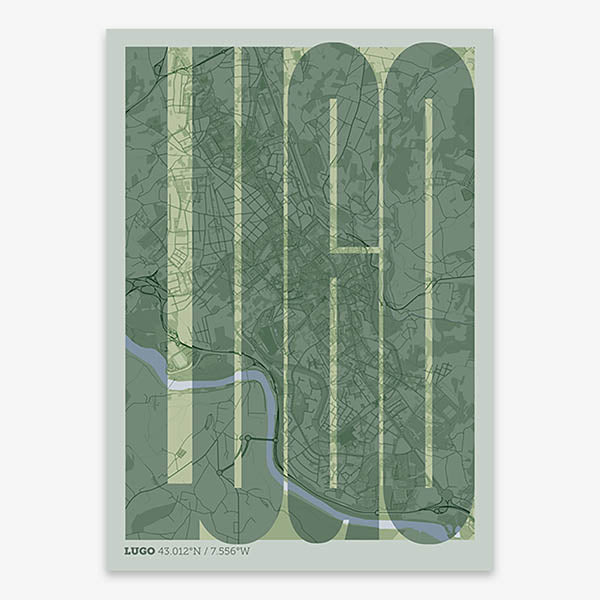 Decorative map of Lugo and letters of its name in a giclée print designed in two green tones