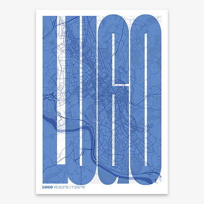 Decorative map of Lugo and letters of its name in a giclée print designed in navy blue and white