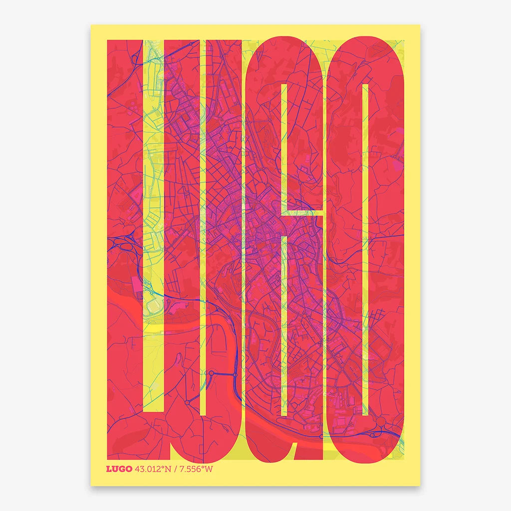 Decorative map of Lugo and letters of its name in a giclée print designed in yellow and fuchsia