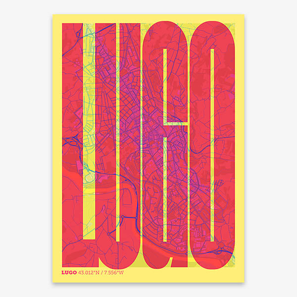 Decorative map of Lugo and letters of its name in a giclée print designed in yellow and fuchsia