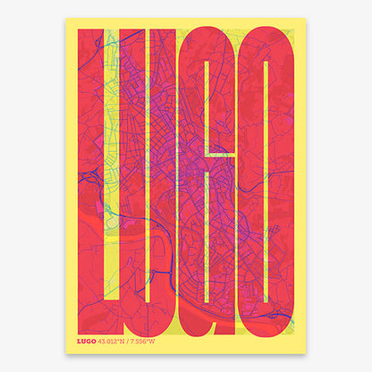 Decorative map of Lugo and letters of its name in a giclée print designed in yellow and fuchsia