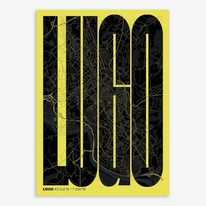 The map of Lugo and letters of its name in a giclée print designed in black and yellow