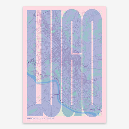 The map of Lugo and letters of its name in a giclée print designed in pink and light blue