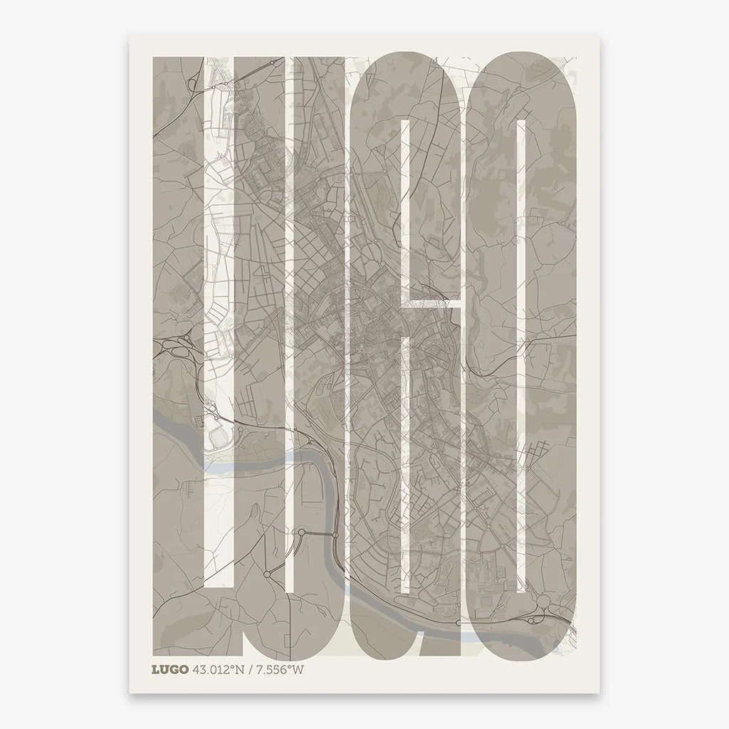Decorative map of Lugo and letters of its name in a giclée print designed in light brown and an off-white background