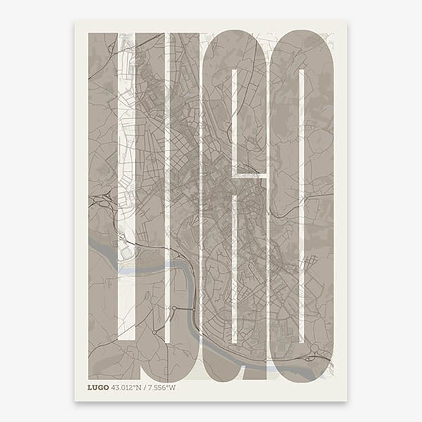 Decorative map of Lugo and letters of its name in a giclée print designed in light brown and an off-white background