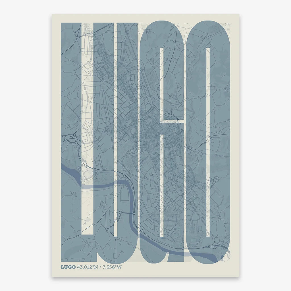 Decorative map of Lugo and letters of its name in a giclée print designed in bluish gray and an off-white background