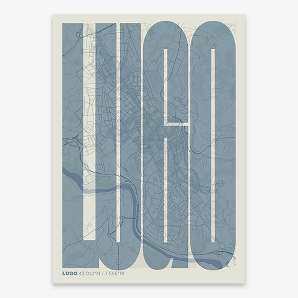 Decorative map of Lugo and letters of its name in a giclée print designed in bluish gray and an off-white background